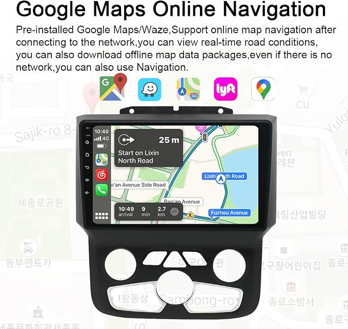 4+64GB for Dodge Ram Radio 2013-2019 1500 2500 3500 9" Android 13 IPS Touchscreen Built-in Apple CarPlay Auto GPS Navigation Bluetooth Head Unit EQ DSP with Free Back Camera AC Ram