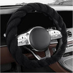 Fluffy Car Steering Wheel Cover, 15 Inches Anti-Slip Round Fuzzy Winter Steering Wheel Protector, Soft Warm Plush Steering Wheel Cover for Women Girls, Car Accessories (Black, D-Shaped)