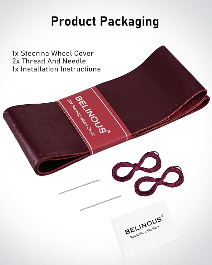 Leather Steering Wheel Cover Lace Up, Stitch on Steering Wheel Wrap, Universal Fit 13-20 Inch Car Truck Pickup Boat, A Whole Piece of Cowhide, DIY w/Needle Thread (Size M5, Wine Red)