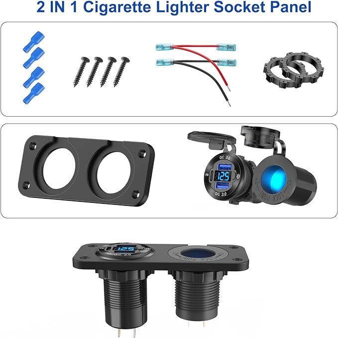 12V USB Outlet Marine Switch Panel Plug, PD3.0 and Dual QC3.0 USB Ports Aluminum Car Charger with LED Voltmeter Power Switch, Lighted 150W Cigarette Lighter Socket 2 in 1 DIY Kit for Boat RV ATV, etc.