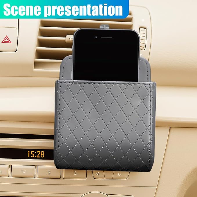 YoRise Car Air Vent Storage Bag, PU Leather Auto Hanging Storage Pouch with Hook, Portable Car Console Organizer, Vehicle Dashboard Organizer Accessories for Key, Cell Phone, Coin, Sunglasses (Gray)