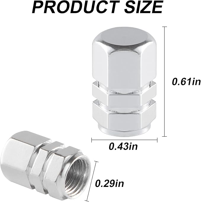 Aluminum Tire Stem Valve Caps Wheel Valve Covers Car Dustproof Tire Cap Cover Accessories, Universal for SUV, Car, Bike and Motorcycle，Hexagon Shape (4PCS Silvery)