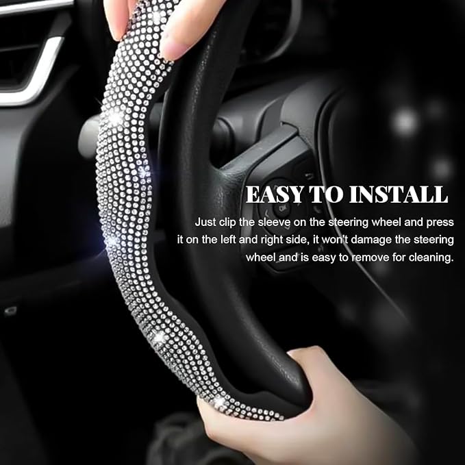 2 PCS Steering Wheel Cover, Segmented Car Wheel Covers with Crystal Rhinestones, Non-Slip Protector Bling Sparkly Decoration for Most Steering Wheels, Car Accessories (Black)