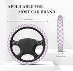 Light Purple Checkered Steering Wheel Cover for Women, Universal Auto Steering Wheel 14-15 Inch Car Interior Accessories with 2PCS Car Coasters, Suitable for Men and Women