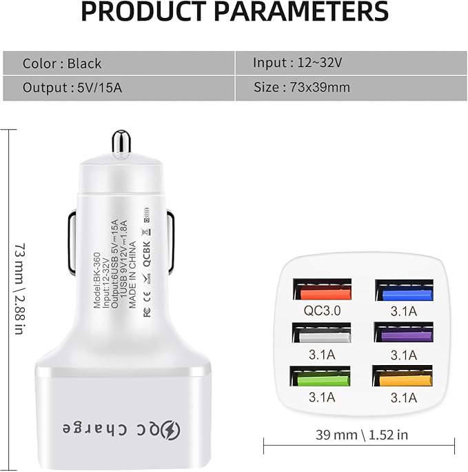 Car Charger Adapter, 6 USB Multi Port, Fast Charger, Include QC 3.0 and 5 Other Ports, Car Interior Accessories, Fit for iPhone 17/16/15/14/13Pro Max, Samsung, Android (White 1pc)