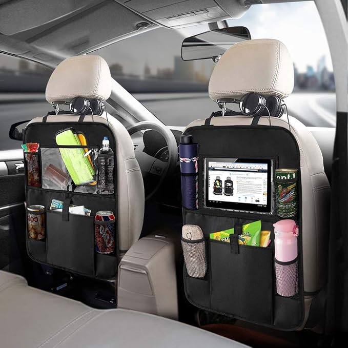 Backseat Car Organizer Kick Mats, KNGUVTH Car Seat Back Protectors with Clear 10" Tablet Holder + 5 Storage Pockets Back seat Organizer for Kids Toy Bottle Drink Vehicles Travel Accessories (2 Pack)