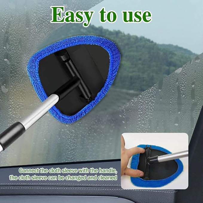Windshield Cleaning Tool, Car Window Cleaner with Extendable Long Handle and 4 Washable Reusable Microfiber Pads, Auto Interior Exterior Auto Glass Wiper for Windshield, Universal for Most Cars (Blue)
