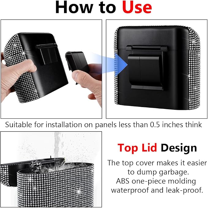 Car Trash Can with Lid, Bling Crystal Mini Vehicle Trash Bin Car Dustbin Garbage Organizer, Automotive Garbage Can Bin Trash Container for Auto Cars, Home, Office - White …