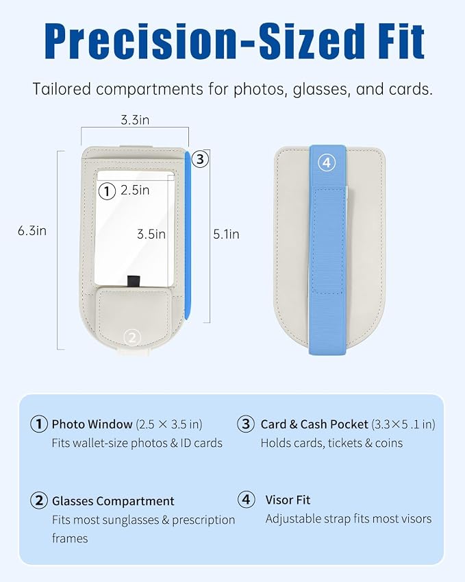 Car Visor Sunglasses Holder, 3 in 1 Glasses Clip with Photo Picture Display & Extra Storage Pocket, Anti-Slip Universal Sun Visor Organizer, 2026 Upgraded (2, Off-White)