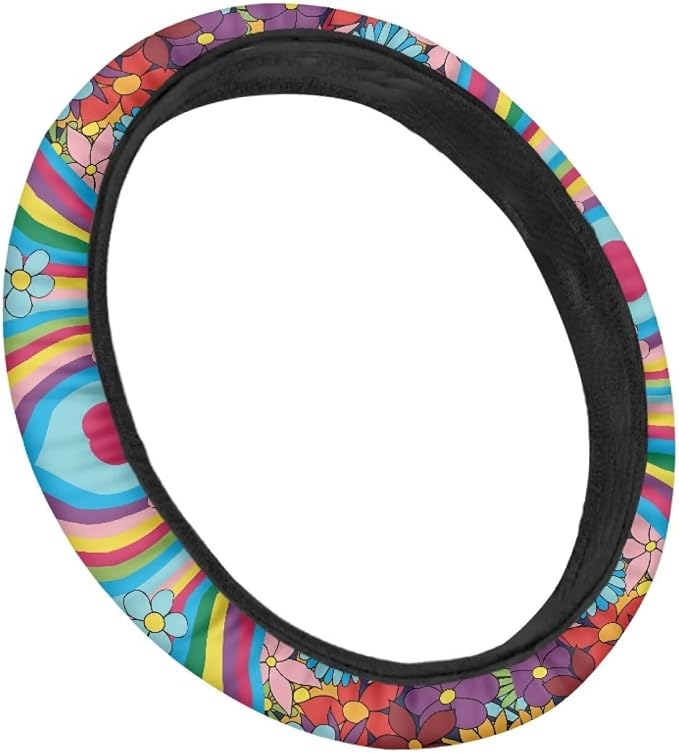 Groovy Hippie Flower Pattern Car Steering Wheel Cover Fit Most SUV Truck Car Van Easy to Install Car Wheel Cover Protector Steering Wheels Accessories Universal Fit 15 inches