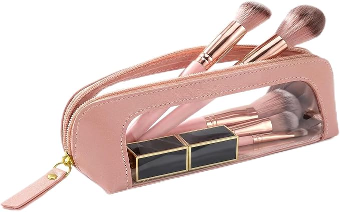 2Pack Clear Makeup Bags Set,Clear Travel Makeup Brush Holder,Portable Leather Pencil Case Holder Travel Toiletry Bag for Women (Chic Pink)