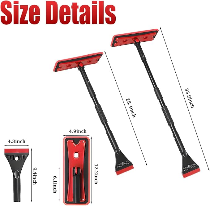 36" Car 3-in-1 Snow Brush, Detachable Extendable Vehicle Windshield Ice Frost Scraper with Ergonomic Foam Grip Handle, Automotive Snow Removal Tools, Universal for SUV RV Truck (Red) | Detachable Extendable Vehicle Windshield Ice Frost Scraper with Erg...