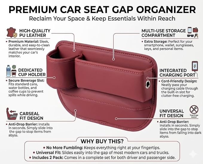 Car Seat Gap Filler Organizer with Cup Holder, Premium Leather Seat Gap Filler, Anti-Drop Car Seat Gap Organizer for Phone, Keys & Wallet, Universal Front Seat Console Organizer for Car, SUV & Truck