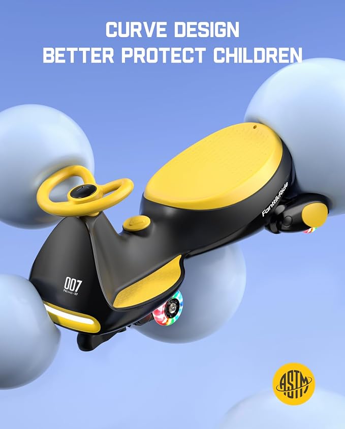 N7 Pro Electric Wiggle Car with Pedal, Rechargeable Battery, CyberWiggle, 2 in 1 Swing Car, 2 Speeds Max 4 Mph, Anti-Rollover, Flashing Wheels, Bluetooth, Ages 3+, 150 Lbs,Yellow