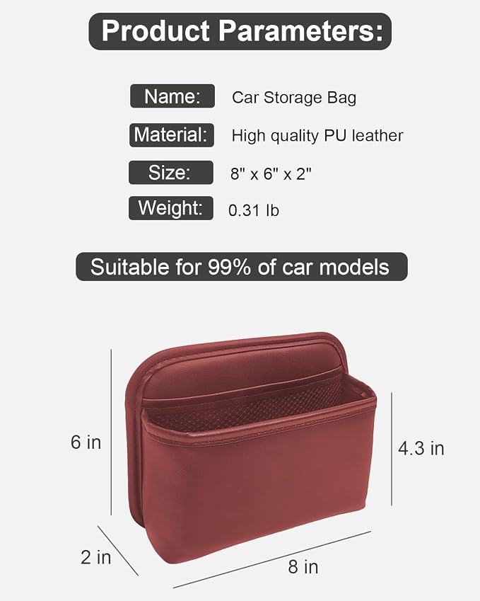 Driver's Car Storage Bag, Small Car Side Pocket Organizer for Car Seats, Doors and Consoles, PU Leather (Burgundy)