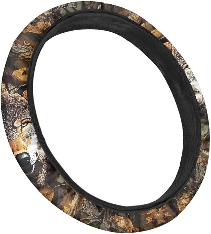 Wolf Camo Hunting Forest Car Steering Wheel Cover 15 Inch, Soft Stretch Anti-Slip Washable Car Accessory Decor Universal Fit for Sedan SUV Truck
