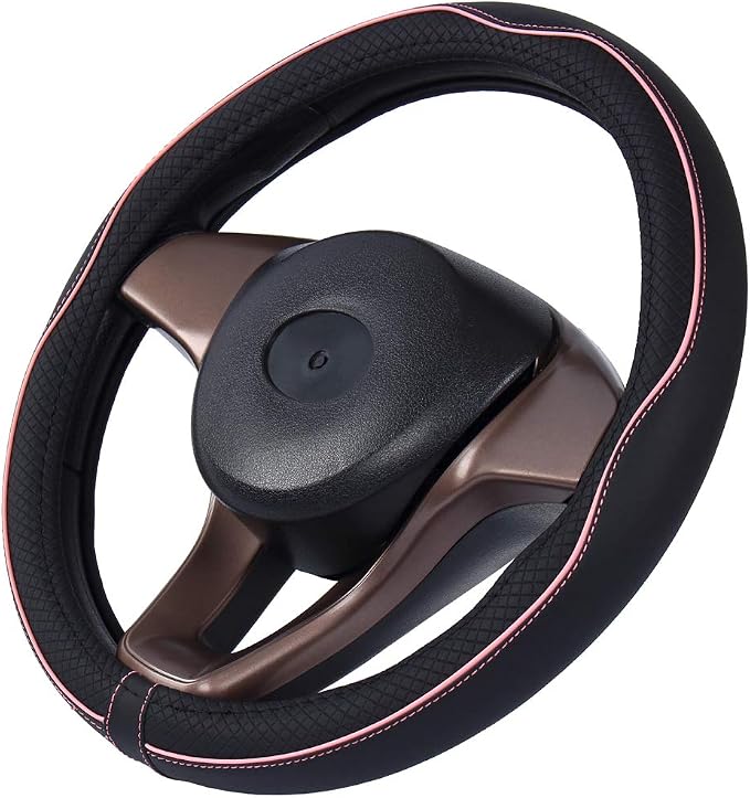 Small Size Steering Wheel Cover Anti-Slip,Safety,Soft,Breathable,Durable,Full Surround,Comfortable Grip Microfiber Leather (14-14.25 inch, Black Pink)