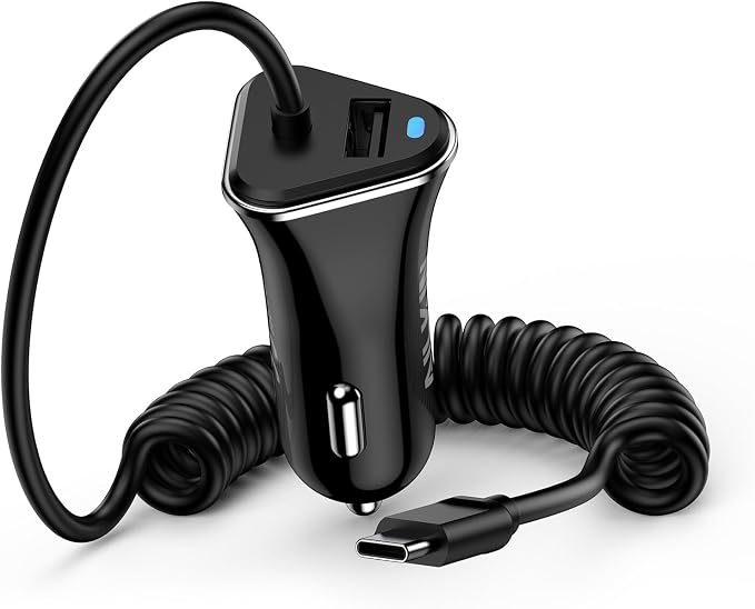 iPhone 17e USBC Car Charger with Built-in 3ft Coiled Cable Fast Charging | USB C Car Adapter for iPhone 17 16 15 Pro Max, Samsung S26 S25 Ultra Retractable Cord Type C Cigarette Lighter Adapter
