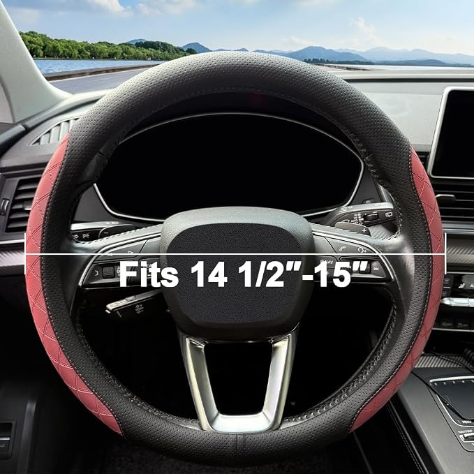 Nappa Leather Steering Wheel Cover,Elegant Diamond Checkered Design, Non-Slip wear-Resistant, Enhance Driving Comfort, Suitable for Steering Wheel Diameter 14 1/2‘-15’ Models
