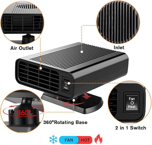 12V Dual-Mode Car Heater & Defogger, 150W Rapid Windshield Defroster & Cooler, Hot/Cold Air Fan for Windshield Ice Frost Removal