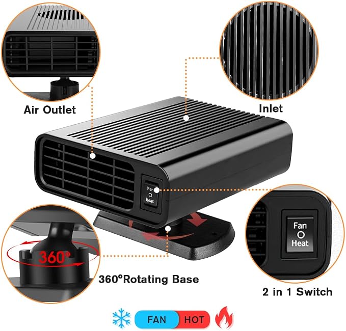 Car Heater, 12V portable car heater and defroster-150W Car Heater Defroster Automobile Windscreen Fan with 360° Rotatable Base, Black