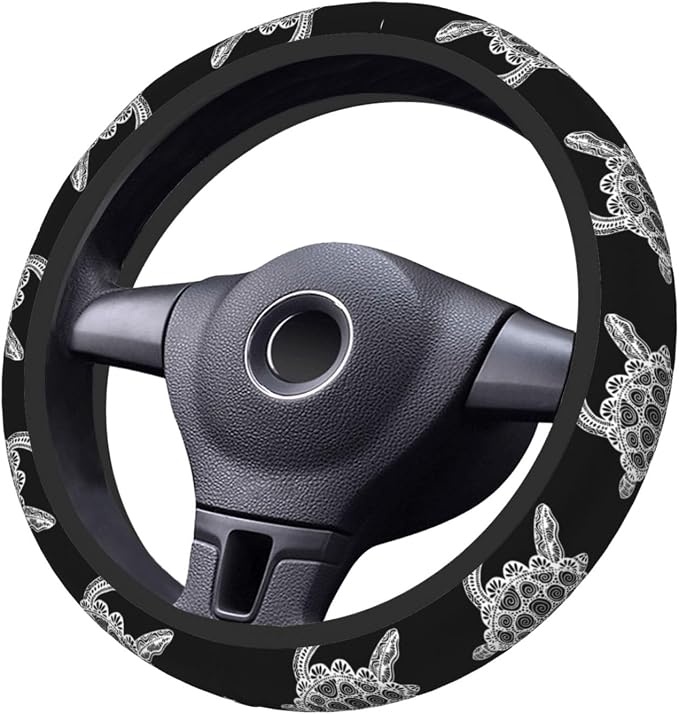Elastic Sea Turtle Car Steering Wheel Cover Protector Upgrade Thicken,Mandala Black,Anti Slip Stretchy Soft Car Accessories Interior Decor for Diverse Cars Truck SUV for Men Women Universal 15 Inch