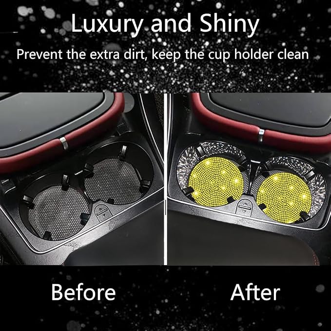 2pcs Bling Car Cup Holder Coaster, 2.75 inch Anti-Slip Shockproof Universal Fashion Car Coasters Insert Bling Crystal Rhinestone Automotive Interior Accessories for Women (2 pcs, Yellow)
