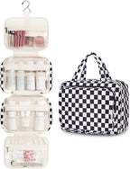 Hanging Toiletry Bag for Women Travel Makeup Bag Organizer Toiletries Bag for Travel Size Essentials Accessories Cosmetics (Black Checkerboard (Medium))