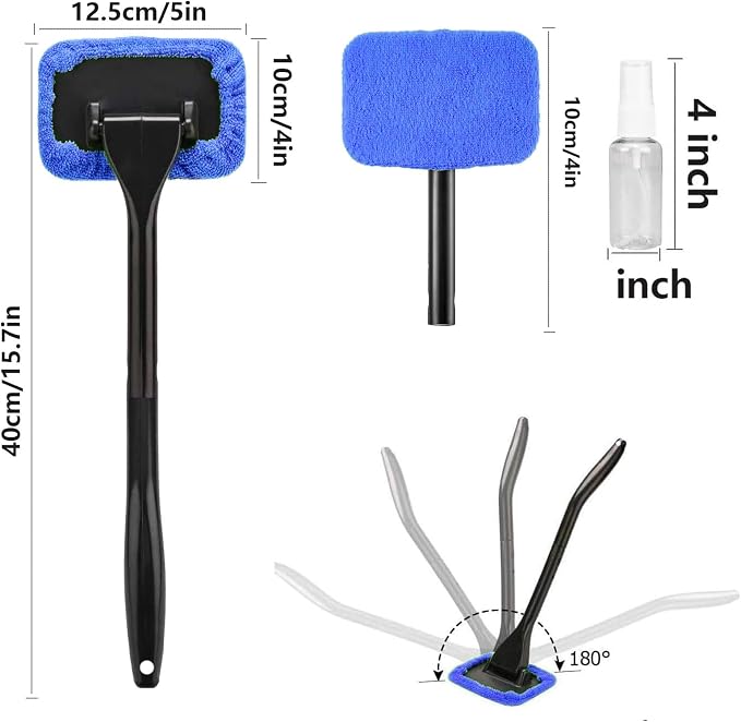 Car Windshield Cleaner Tool with Extendable Handle, Inside Auto Window Glass Cleaning Kit with 5 Washable Microfiber Pads, Streak-Free Defogger Wand for Deep Dashboards & SUVs