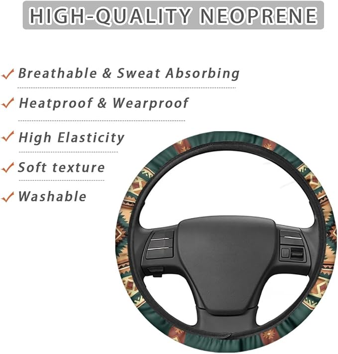 Car Steering Wheel Cover for Women Men, 15 Inch Soft Neoprene Stretch Anti-Slip Washable Car Accessories Universal Fit for Sedans SUV, Southwest Aztec Brown Green