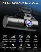 3 Channel 5G WiFi Dash Cam with 64GB Card, 2.5K/1080P Front and Rear Inside Dashcam, 2.5K/1080P/1080P Three Way Dash Camera for Cars Auto IR Night Vision, Loop Recording, APP Control(O3PRO)