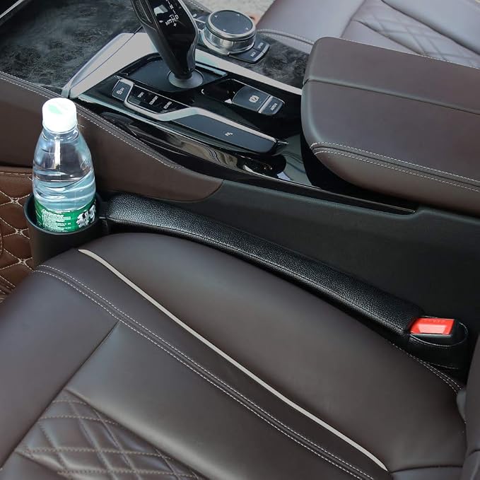 2 Prices Car Seat Gap Filler Pad PU Leather Console Side Pocket Organizer and one Cup for Cellphone Wallet Coin Key (Black)