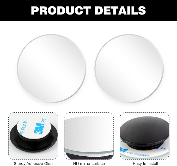 Car Round Blind Spot Mirror, HD Glass Side Blindspot Mirrors Adjustabe Angle Removable with Wide Angle Stick-On Universal for Cars, SUVs, Trucks, Pack of 2