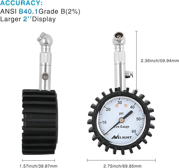 Tire Pressure Gauge 60PSI Heavy Duty Stainless Steel Air Chucks ANSI B40.1 Certified Large 2" Dial Wheel Service Checker for Truck Semi Truck ATV Motorhome Cars & RV Accessories