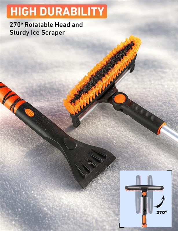 49" Extendable Squeegee Snow Brush and Ice Scraper for Car Windshield & Windows | 270° Telescopic Snow Broom with Pivoting Squeegee | Heavy Duty Car Snow Removal Tool for SUV, Truck & Car