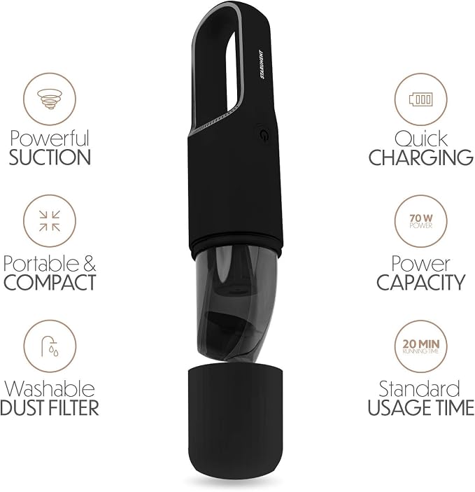 Portable Hand Vacuum Cleaner Handheld Cordless Cleaner for Dust Pet Hair Dirt Home Car Interior Lightweight, Easy to Use, Compact Design Battery Rechargeable with USB-C Cable - Black