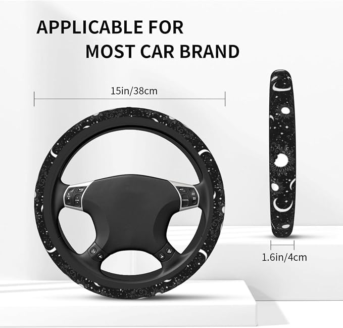 Black White Sun Crescent Stars On A Blue Mystical Ornament Steering Wheel Cover Car Accessories Cute for Women Girls Girly Universal 15 Inch Neoprene Auto Interior Decor Anti Slip Car Truck Protector