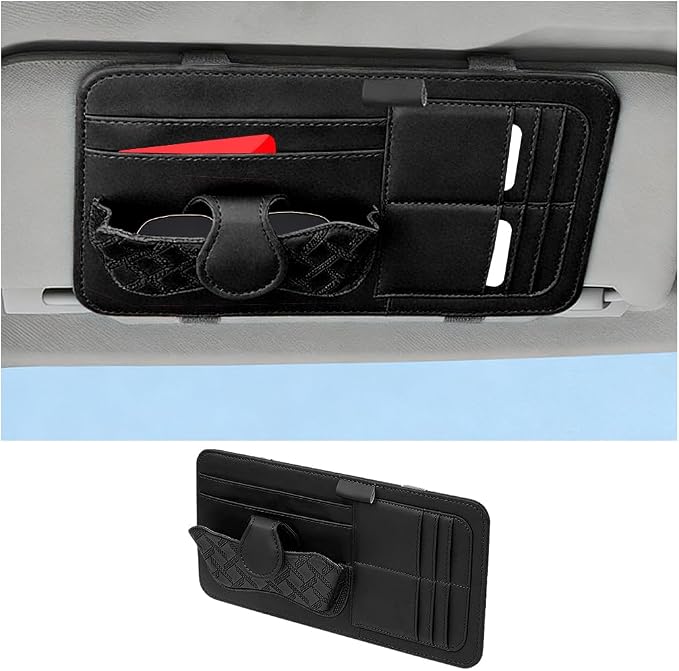 Car Sun Visor Organizer, Multifunctional Visor Storage Pouch with Sunglasses Holder & Card Sleeve Pocket, Auto Interior Organizer Pocket Bag for Pens Cards Documents, Universal Fit (Black)