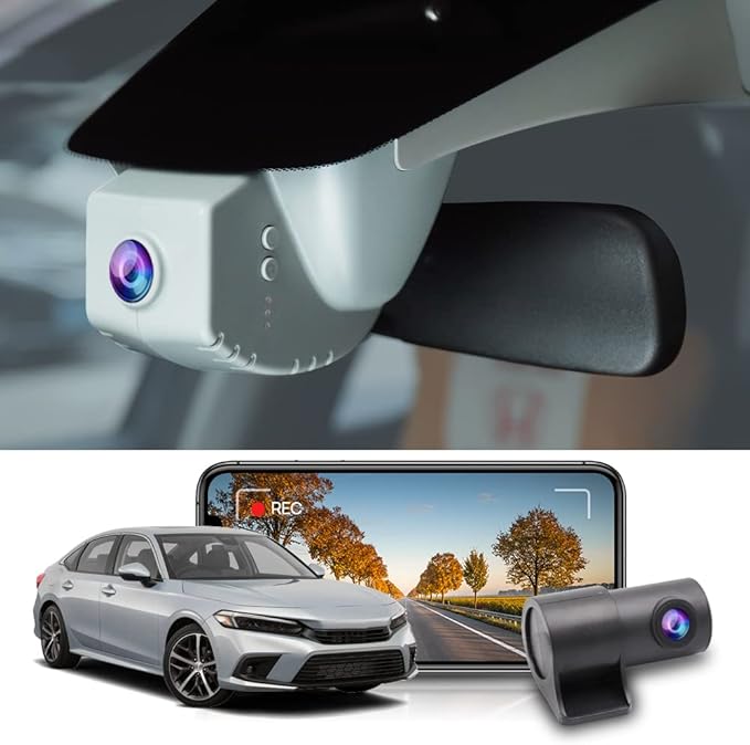 Front 4K+Rear 1080P Dash Cam Adapts for Honda Civic 2022-2026 Type R Si (Black Cover), Integrated OEM Style, Dual HD Video, WiFi & APP, Loop Recording, G-Sensor, Easy to Use, 128GB Card