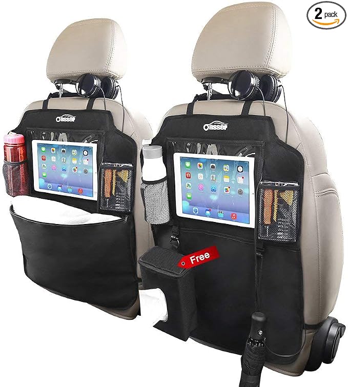 Oasser Seat Back Protector Kick Mats Backseat Car Organizers | 2 Pack, 1 Tissue Box, 12.9" Touch Screen Tablet Holder, Large Back of Seat Protector and Storage for Kids, 8 Pockets, Black