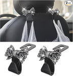 Zpana Bling Car Headreat Hook, 2PCS Crystal Rhinestone Cute Bow Vehicle Seat Back Hanger Storage for Purses Bags Grocery, Diamond Auto Rear Seat Organizer, Universal for SUV Truck Sedan (Black)