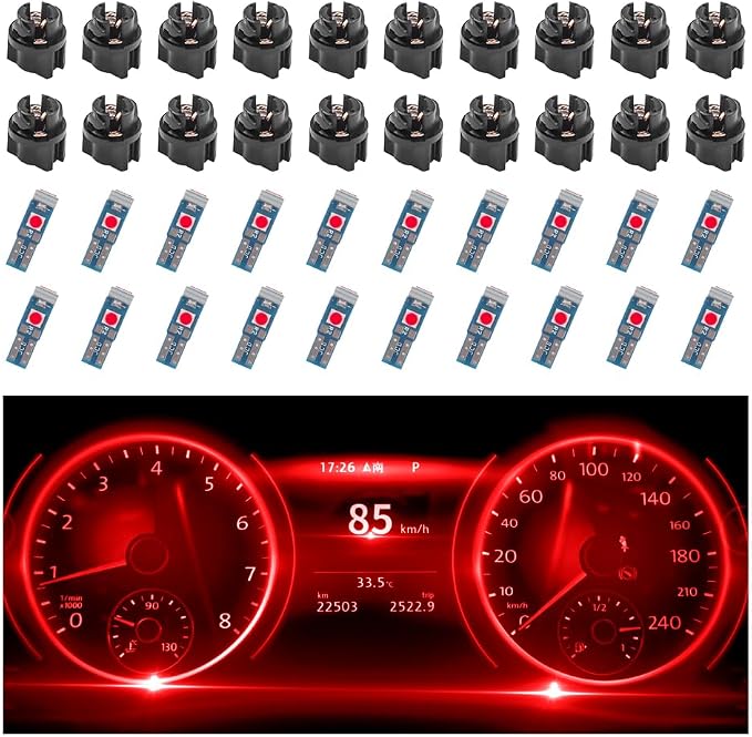 20PCS Car LED Dash Lights - Super Bright Instrument Cluster Light Bulbs with T5 37 74 LED Bulbs & Twist Lock Socket - Universal 12V L-ED Lights for Car Interior Accessories (Red)