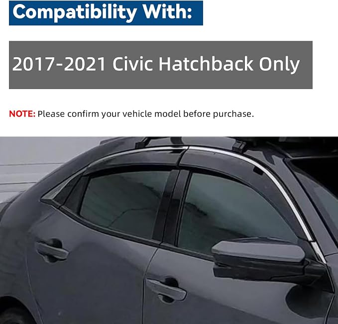 4pcs JDM Vent Window Visors Compatible with Civic Hatchback 2017-2021 Only,Outside Mount Style Sun Rain Guard,Smoke Tint with Chrome Trim