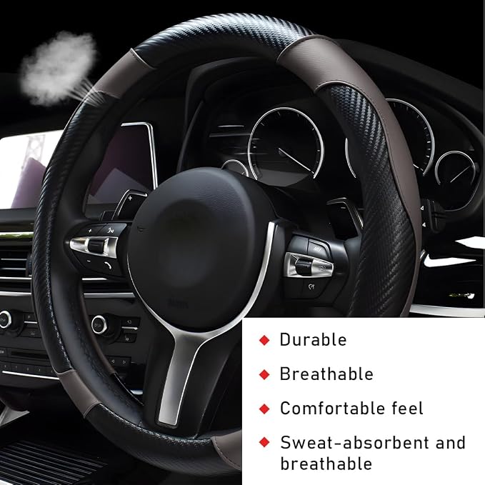Car Steering Wheel Cover, 15 Inch Leather Breathable Auto Steering Wheel Protector, Comfortable Non-Slip Vehicle Steering Wheel Covers, Universal Car Accessories (Gray, with Lining)