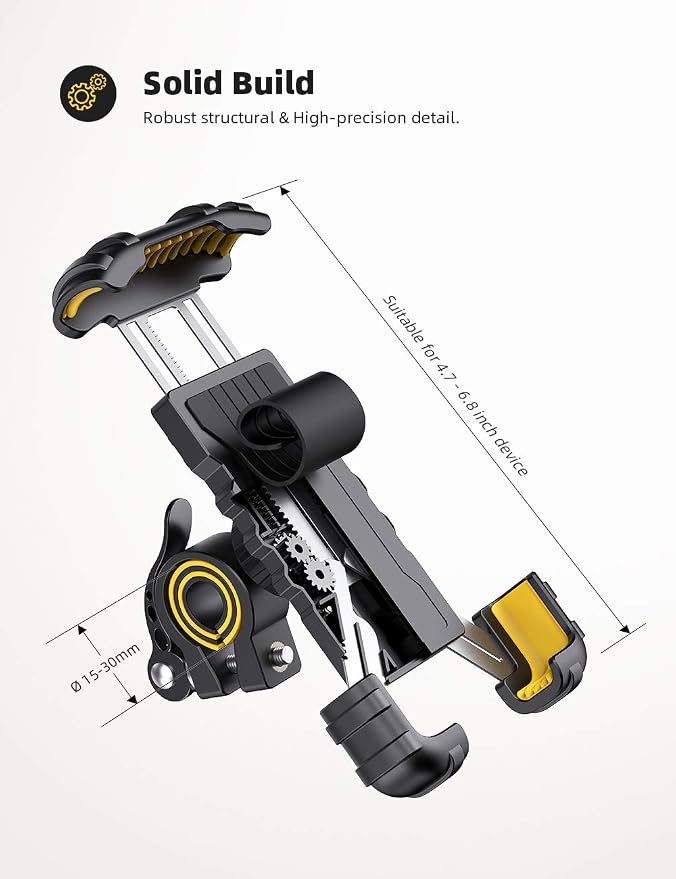 Bike Phone Holder, Motorcycle Phone Holder – 360° Handlebar Mount with Rotation for iPhone 17 16 15 14 13 12 Pro Max Plus Mini XS XR X 8, Samsung, Huawei, 4.7-6.8 Inch Smartphones – Yellow