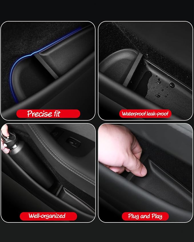Door Side Pocket Storage Box Liners, 4pcs TPE Front & Rear Door Pocket Inner Organizer Trays and Cup Holder Pad Compatible with Tesla Model Y Juniper 2025 2026