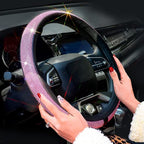 New Diamond Leather Steering Wheel Cover with Bling Bling Crystal Rhinestones, Universal Fit 15 Inch Car Wheel Protector for Women Girls Pink Diamond