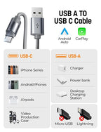 USB A to USB C Cable, Durable Short USB to C Cable 2 Pack for Android Auto & CarPlay, Coiled USB C Cable Type C Retractable Car Charger Cord for iPhone 17/16/15 Samsung Galaxy S25/S24, Gray 4FT