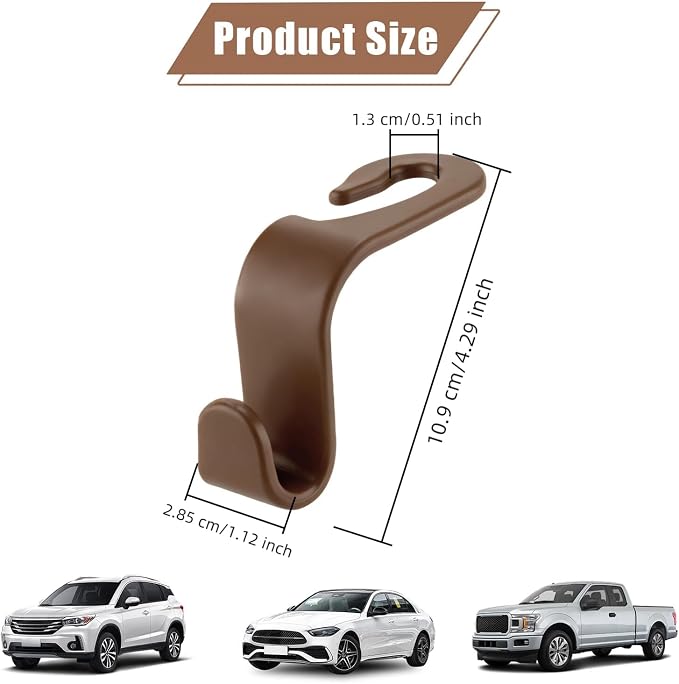 Purse Hook for Car, 4 PCS Car Purse Hook Headrest Hooks, 360° Rotatable Back Seat Storage Organizer, Universal Vehicle Seat Hanger for Purses, Handbags, Grocery Bags, Water Bottles, Brown