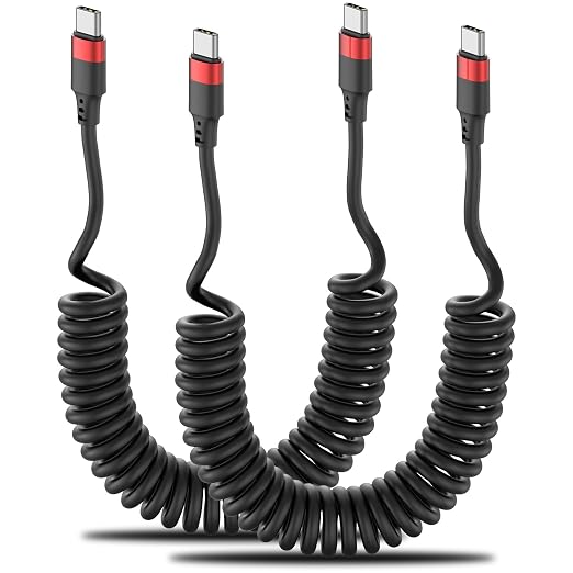 Coiled USB C to USB C Cable, 2 Pack 3FT USBC Car Charger Cord, USBC to USBC Coiled Cable Fast Charging for Carplay, iPhone 17/16/15 Plus/Pro Max, Samsung Galaxy S25 S24 S23, Pixel 10 9